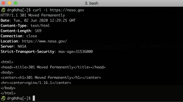 curl -i https://nasa.gov/ - wyświetl odpowiedź serwera HTTP wraz z nagłówkami
