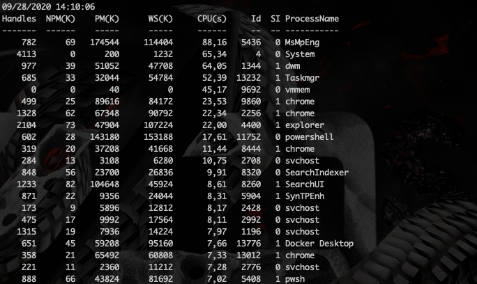 for(){$p=(gps|Sort-Object -D CPU|Select -First ($Host.UI.RawUI.WindowSize.Height-4)|Out-String).trim();cls;""+(date);$p;sleep 1} - *nixowy top w Powershellu