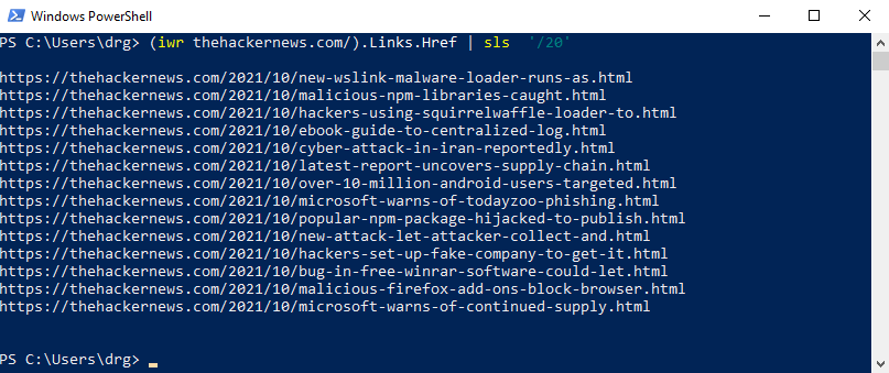 (iwr thehackernews.com).Links.Href | sls '/20' - pobierz linki do ostatnich artykułów na thehackernews.com