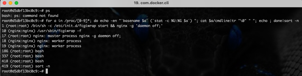 for a in /proc/[0-9]*; do echo -n "`basename $a` (`stat -c %U:%G $a`) "; cat $a/cmdline|tr "\0" " "; echo ; done|sort -n - lista procesów bez polecenia ps