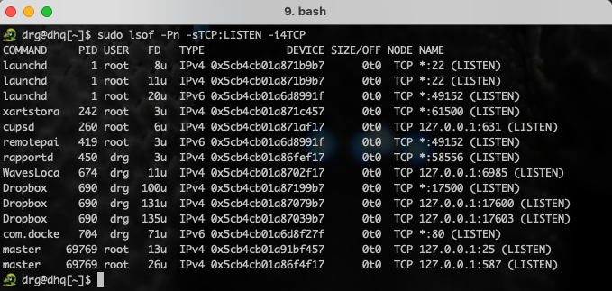 sudo lsof -Pn -sTCP:LISTEN -i4TCP - wyświetl aplikacje nasłuchujące na portach TCP IPv4